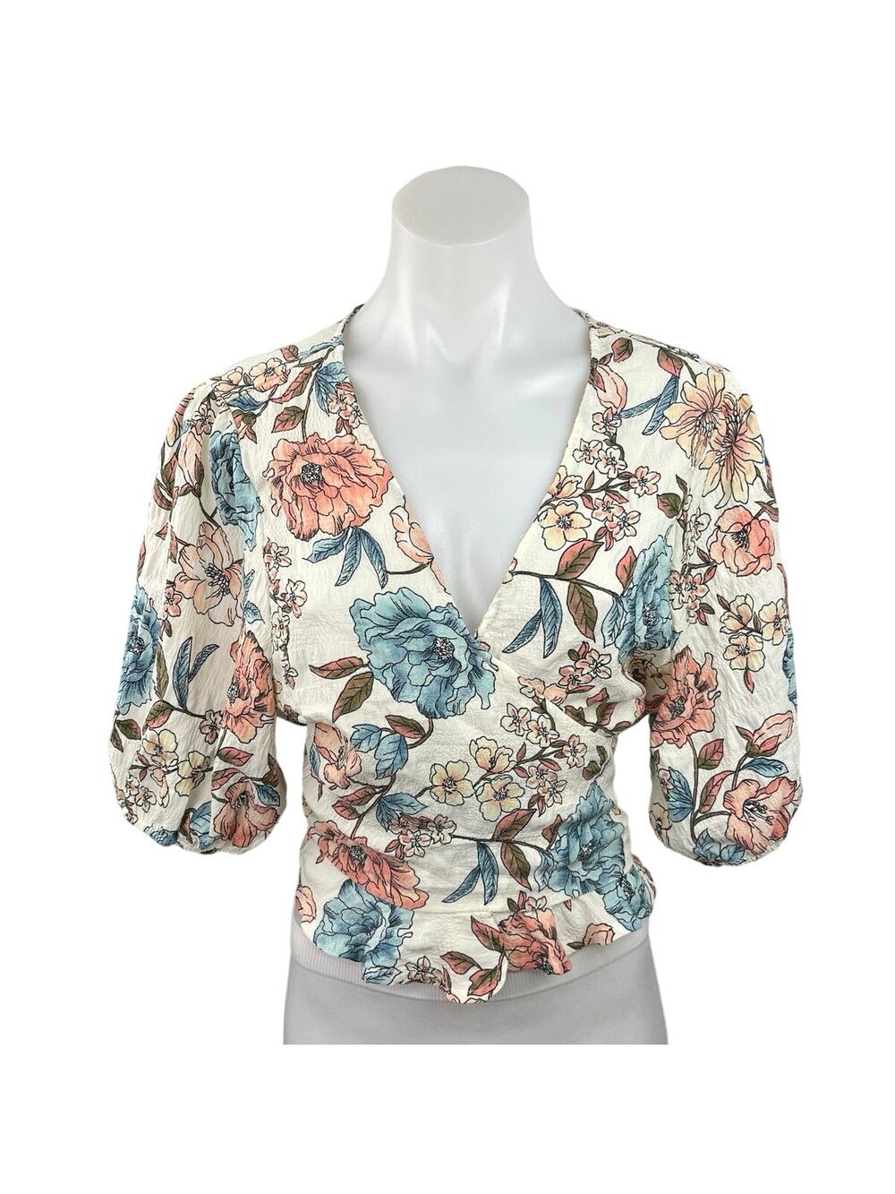 Forever 21 Womens Multicolor Floral Print V-Neck Half Sleeve Cropped Wrap Top 1X